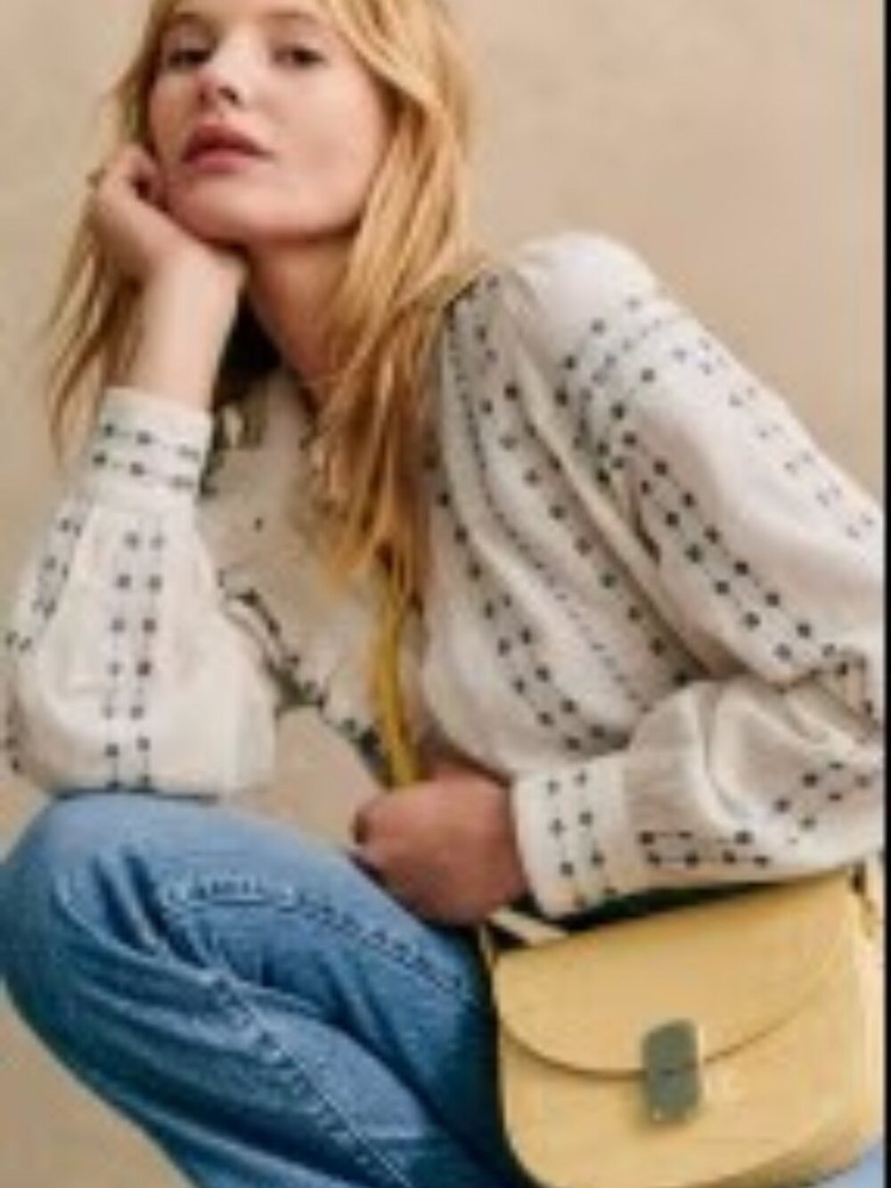 Sezane Chlo Blouse, Cornflower Blue Embroidery on Ecru, Size 12, 44